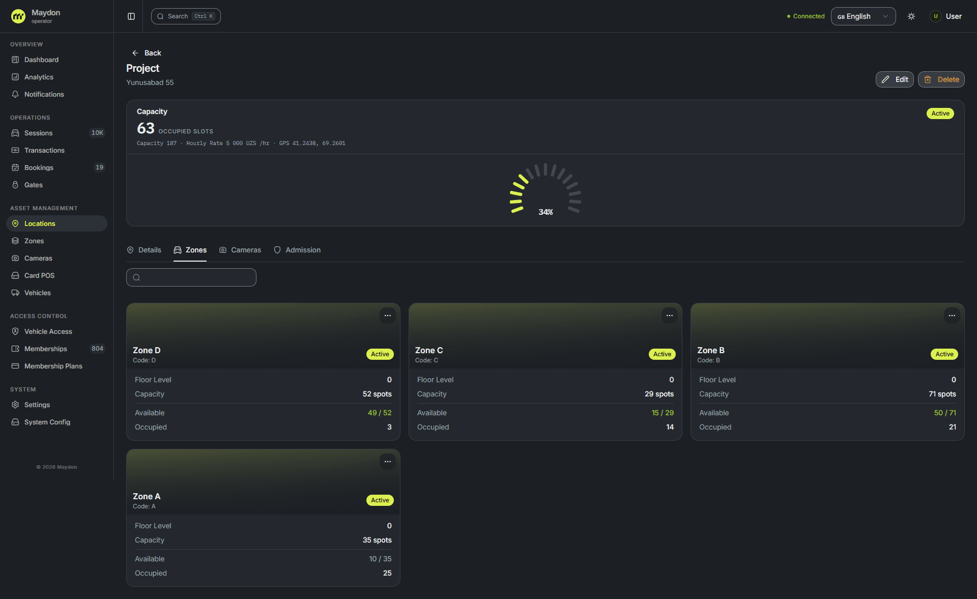 Maydon Parking admin panel: parking zones with capacity and free spaces
