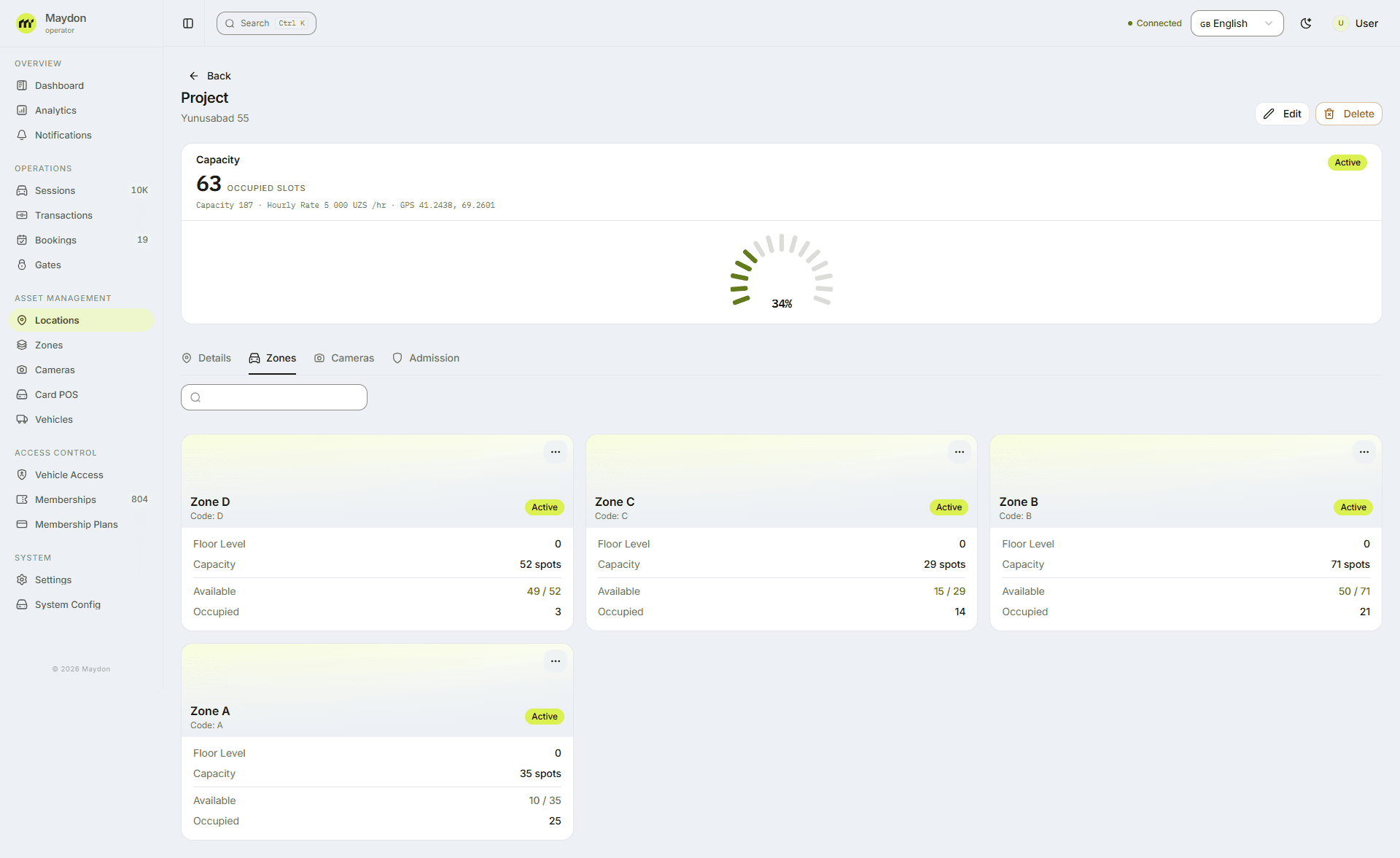 Maydon Parking admin panel: parking zones with capacity and free spaces